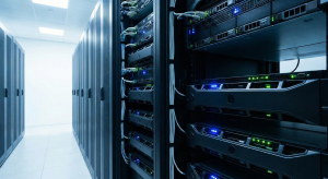 A close-up view of sleek, modern bare metal server racks in a cool-lit data center, symbolizing dedicated hardware power.